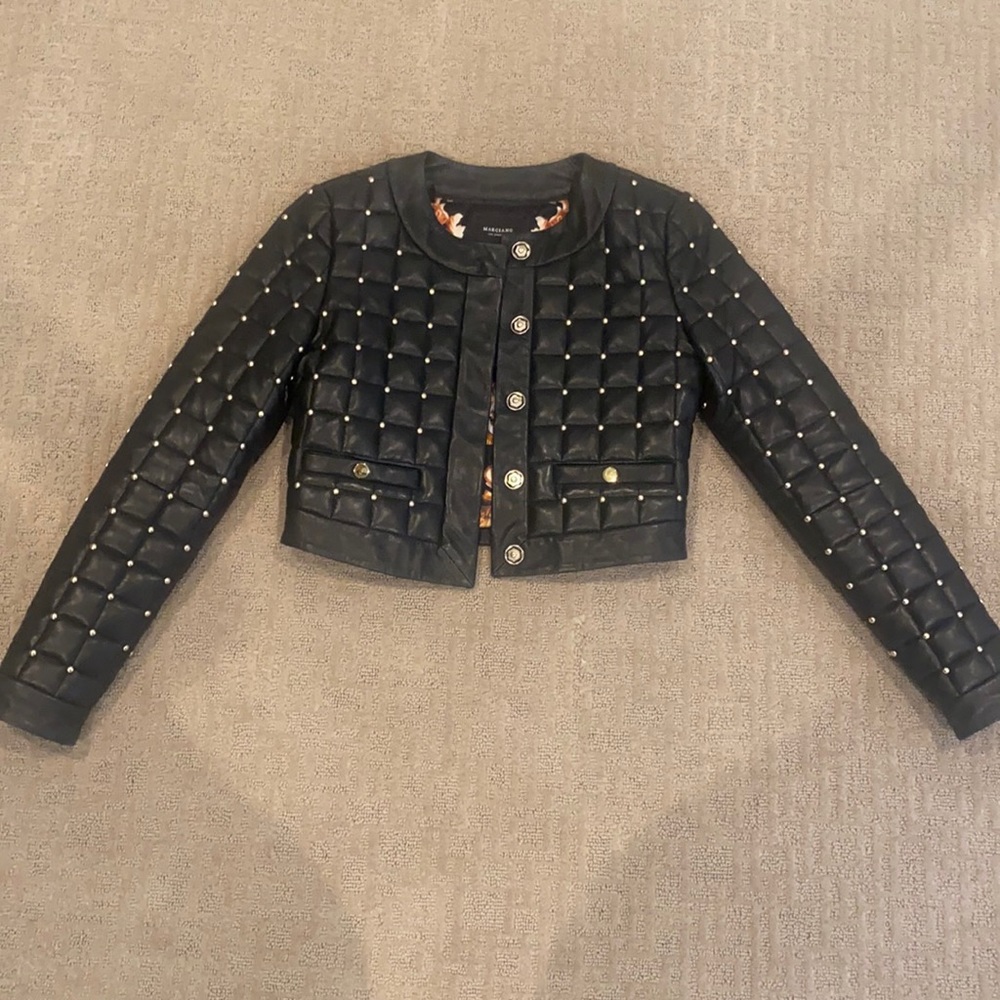 Marciano black leather coat with gold studs
